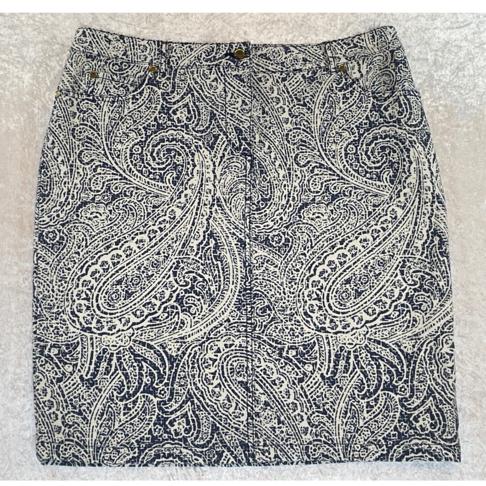 J. McLaughlin Paisley Pencil Skirt Women Size 12 Navy Blue Good Stretch Cotton